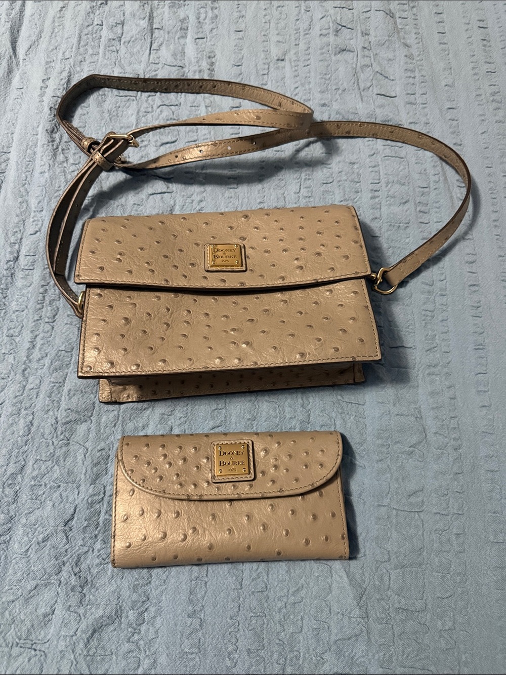 Dooney & Bourke Ostrich Embossed Leather Crossbody Bag + Matching wallet. Grey